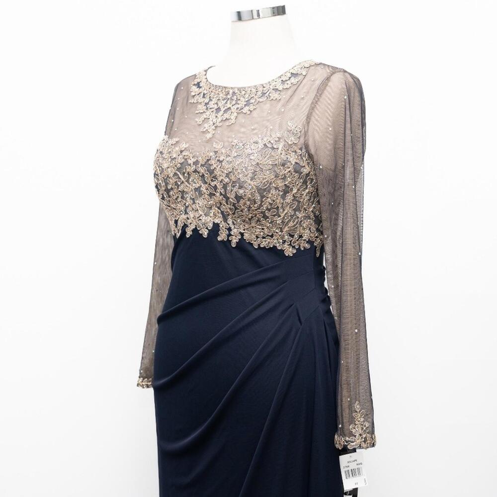 XSCAPE  Embellished Illusion-Bodice Ruched Gown Long Sleeve Modest sz 10P NWT - Picture 9 of 12